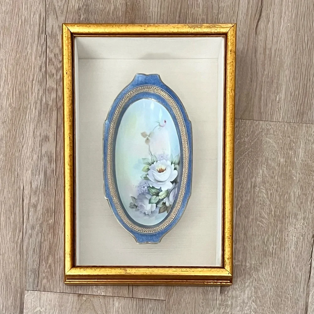 Hand Painted White Roses On Blue Oval Plate Bowl By Creative Frames RARE Vintage